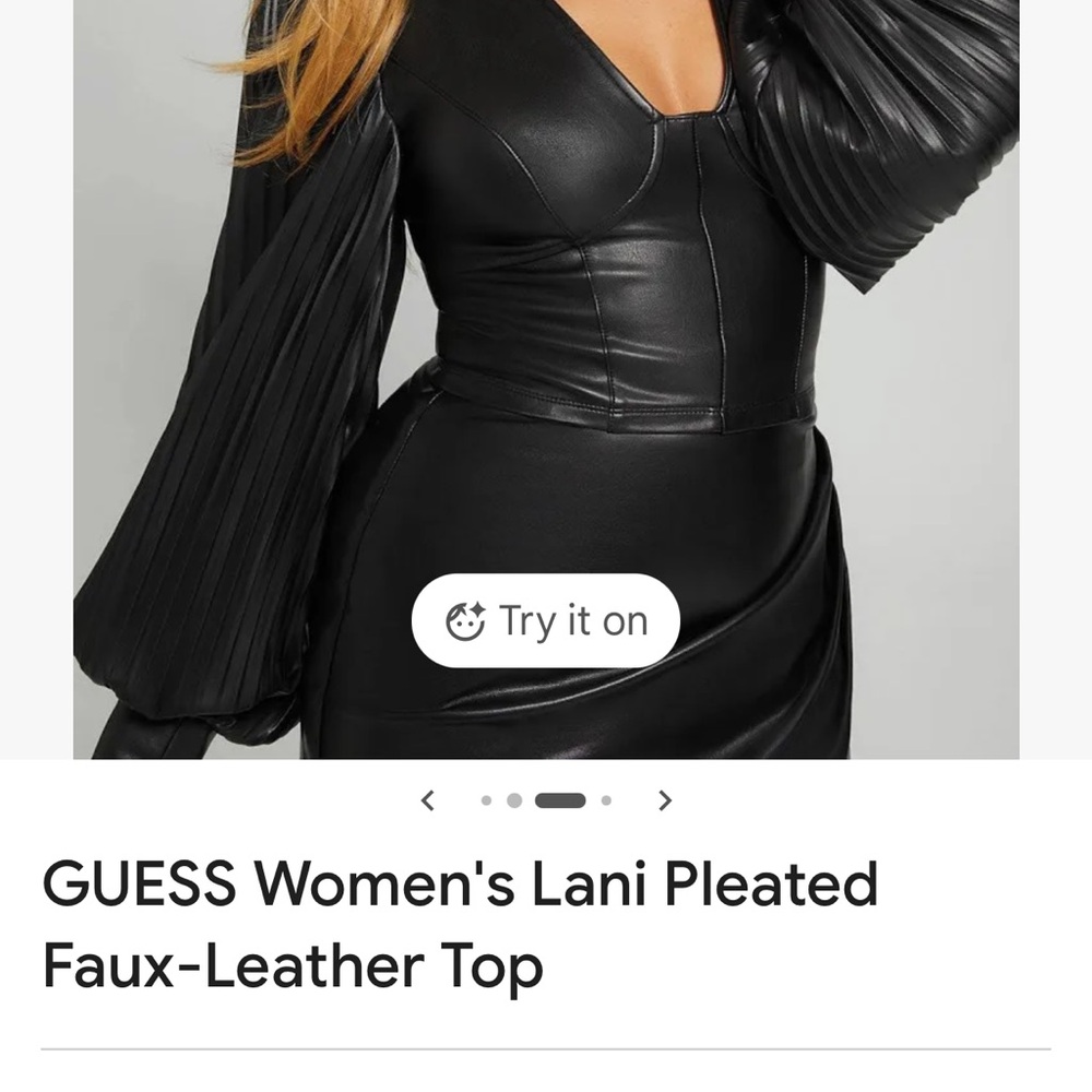 GUESS Black Faux-Leather Top with Pleated Sleeves